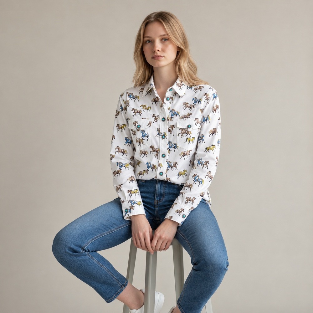 Shyanne Women M Horse Print Western Snap Shirt Cowgirl Rodeo Turquoise Concho LS